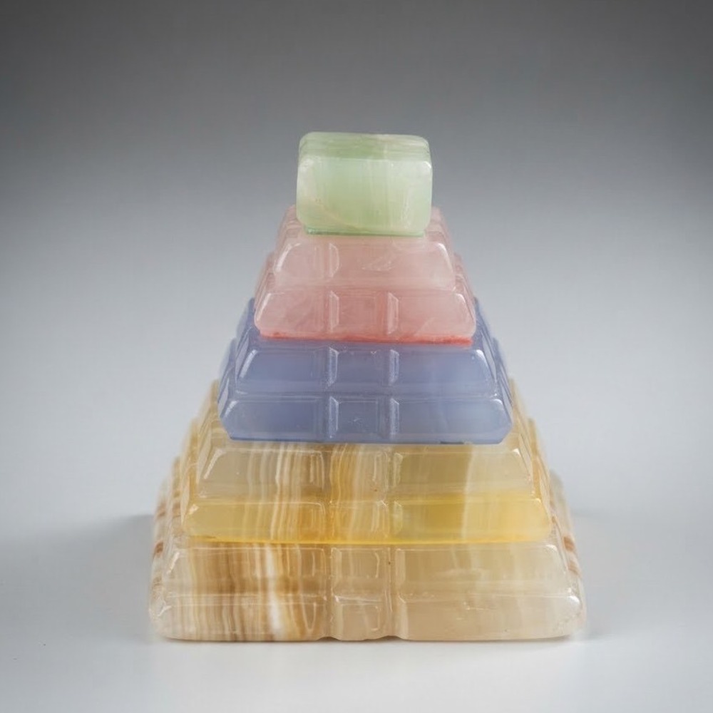 Vintage Multi Color Onyx Calcite Tiered Pyramid Stone Sculpture Hand Carved Art